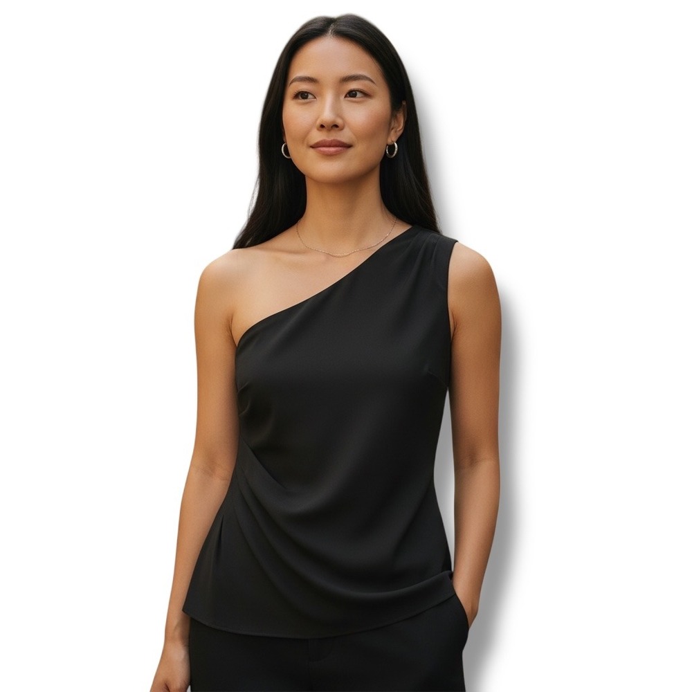 White House Black Market One Shoulder Top Womens Size 4 Black Pleated Sleeveless